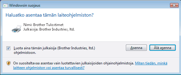 Valinta tapahtuu silloin automaattisesti. Kiinteä verkko Jos haluat asentaa PS-ohjaimen (Brother BR-Script -ohjain), valitse Mukautettu asennus ja seuraa näytön ohjeita.