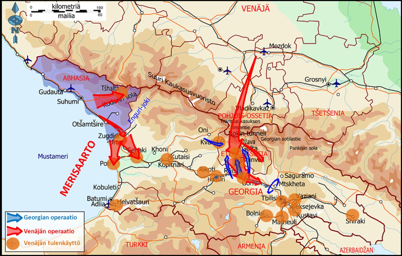 54 Kuva 9. Sodan osapuolten operaatiot 295 Jo ensimmäisenä taisteluvuorokautena Georgian maakomponentti aloitti reserviprikaatin (2.