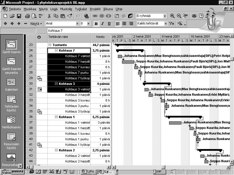 132 Microsoft Project 2000 Trainer Gantt-kaavio näyttää nyt normaalilta linkitettyjen tehtävien portaikolta.