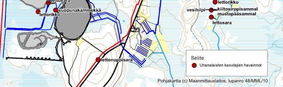 74(115) Kuva 24. Uhanlaisten kasvien esiintymisalueet Kittilän kaivosalueella ja sen lähiympäristössä (Lapin ELY-keskus, Eliölajit tietojärjestelmä 3.11.2010).