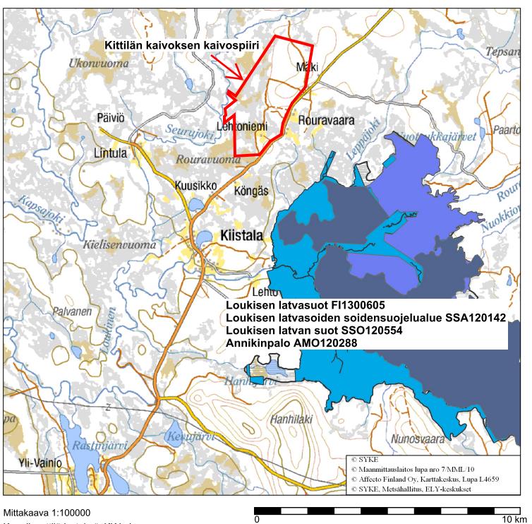 79(115) Kuva 25. Natura 2000 -alueverkoston kohteet ja muut luonnonsuojelualueet. Kittilän kaivoksesta noin 2,2 km kaakkoon sijaitsee Loukisen latvasuot (FI 130 0605, 9414 ha) Natura 2000-alue.