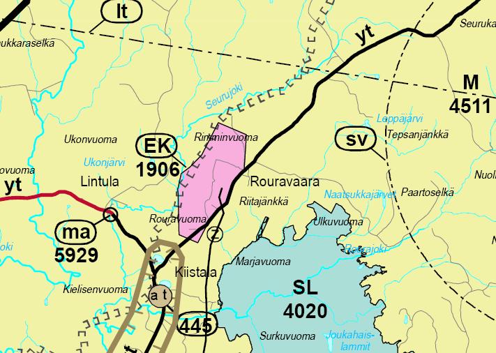 83(115) osoitettu sähkölinja-merkinnällä. Tie 9552 on osoitettu yleisenä tienä (yt). Lintulasta on osoitettu yleisen tien yhteystarve Kittilä-Inari-tielle (punainen yt).