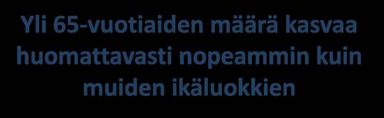 Väestö 150,0 140,0 130,0 Väestönlisäys suhteessa vuoteen 2015 ikäluokittain (vuosi 2015=100) Yli 65-vuotiaiden määrä kasvaa huomattavasti nopeammin kuin muiden ikäluokkien 120,0 110,0 100,0 90,0 2015