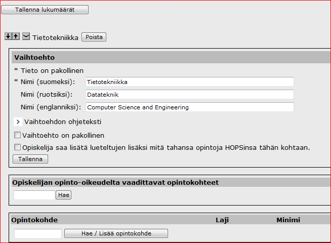 Kuva vieressä, kun olet painanut nappia Lisää sisältö. (Tässä oletus että pääainevaihtoehtoja olisi useampia.) Täydennä ensimmäisen sisällön eli vaihtoehdon tiedot.