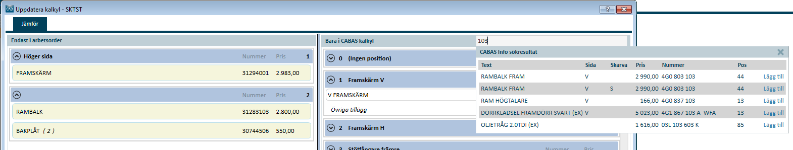 Uusi toiminto vertailuikkunassa, Päivitä laskelma integraatiosta Suodattimen avulla (Merkitty kuvaan alla) voi nyt etsiä kaikki varaosat jotka löytyvät laskelmalle valittuun malliin, asettaa