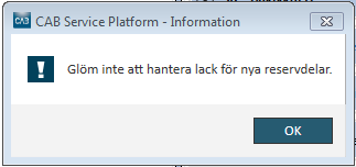 Päivityksen jälkeen käyttäjälle näytetään muistutus uusien lisättyjen varaosien maalausvalintojen tekemisestä.