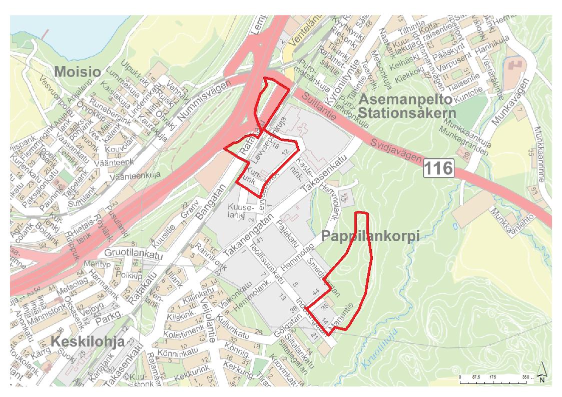 KAAVOITETTAVA ALUE KAAVOITETTAVA ALUE Suunnittelualue sijoittuu Lohjanharjuntien (vt 25) itäpuolelle Suitiantien (mt 116) ja Ratakadun liittymän tuntumaan ulottuen Pappilankorven työpaikka-alueelle.