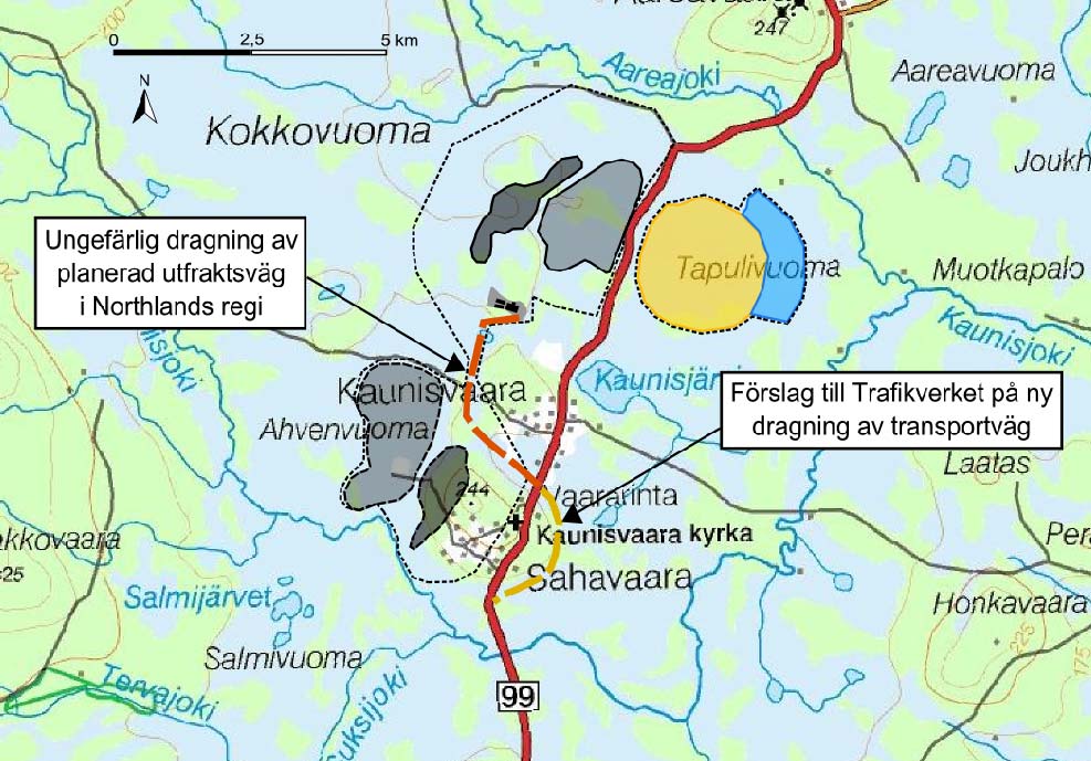 2012 04 18 48(57) Kuva 8.1. Ohjeellinen piirros Northlandin johdolla suunnitellusta kuljetustiestä Kaunisvaaran kylän halki kulkevien raskaiden kuljetusten välttämiseksi ja ehdotus Trafikverketille