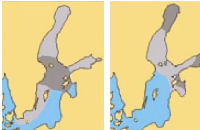 Kuva 5-10. Harmaahylkeen ja norpan levinneisyys Itämerellä (harmaa = pääasiallinen levinneisyysalue tummanharmaa = lisääntymisalue) (Maa- ja metsätalousministeriö 2007). Taulukko 5-1.