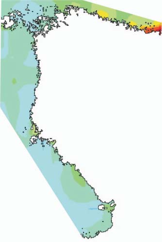 Kuva 2. Suomea ympäröivän Itämeren keskimääräinen heinä-syyskuun rehevyys vuosina 1997-2001 a-klorofyllinä.