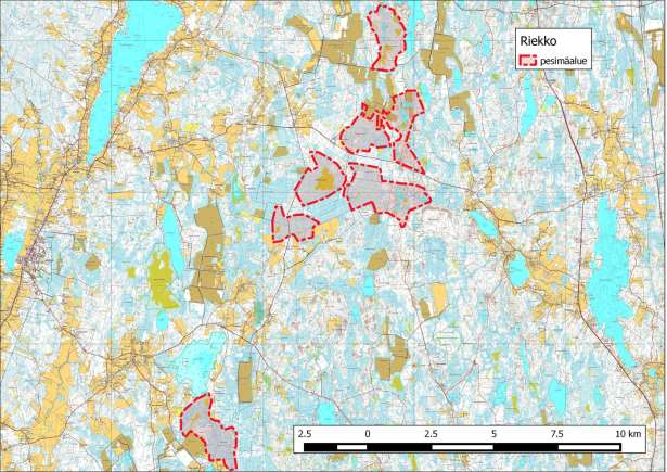 106 RIEKKO [NT] [RT] MAALI-lajikriteeri: pesivä: 2 paria Riekon, Lagopus lagopus, esiintyminen Satakunnassa painottuu Pohjois-Satakunnan luonnontilaltaan suhteellisen hyvin säilyneille suoalueille.