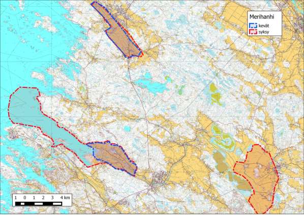 30 Kartta 22. Merihanhen keväiset ja syksyiset levähdysalueet Porin seudulla. Kartta MML 2/2014.