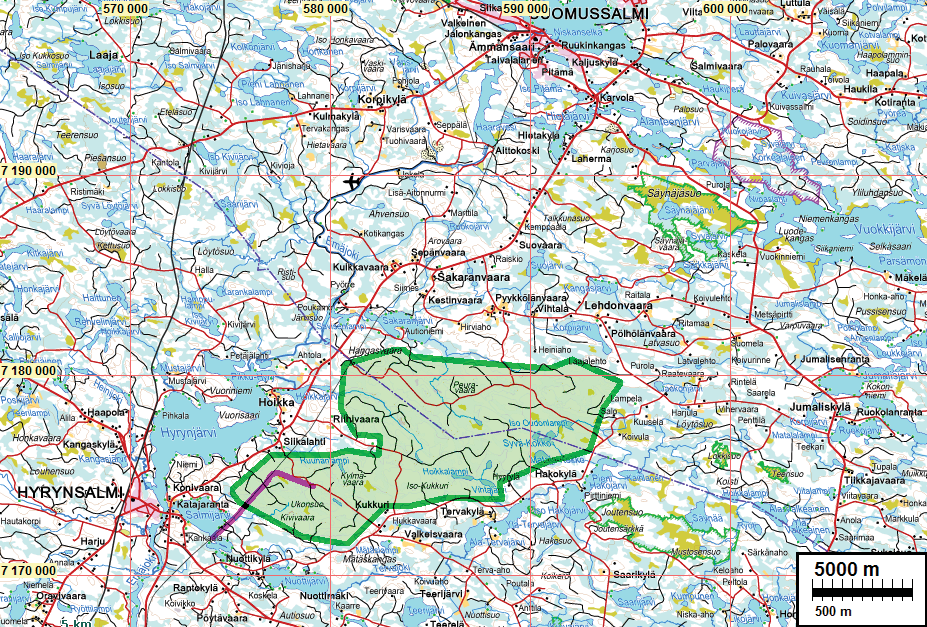 3 Perustiedot Alue: Kivivaara-Peuravaara tuulipuiston hankealue, Hyrynsalmen ja Suomussalmen kuntien alueella.
