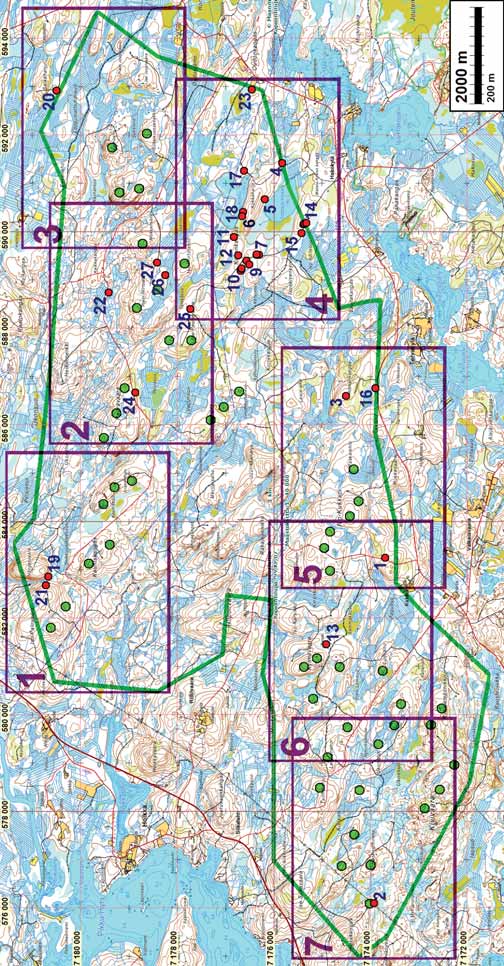 8 Yleiskartat Muinaisjäännökset = punainen pallo Karttalehtijako 1-7