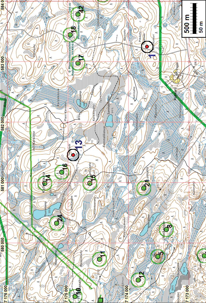 14 Yleiskartta 6 Muinaisjäännökset = punainen pallo.