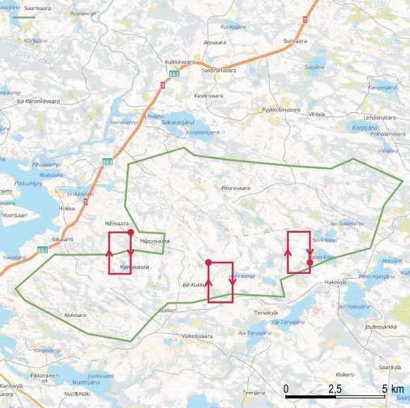 16UEC144 7 Kuva 3. Linjalaskentojen linjat. Linjalaskennassa maastossa kävellään ennakkoon suunniteltua suoraa linjaa rauhallisesti edeten, säännöllisesti pysähdellen ja ympäristöä havainnoiden.
