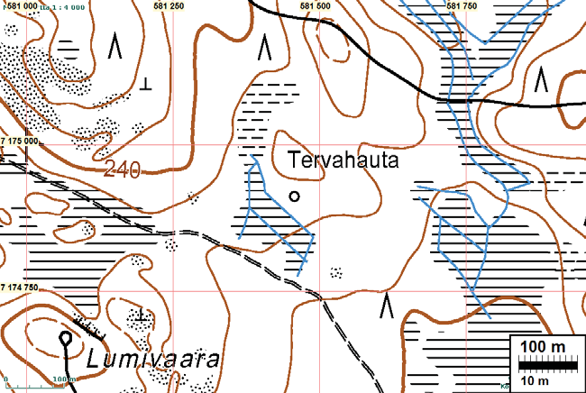 33 ta, mutta tervahaudasta ei havaittu merkkiäkään. Todennäköisesti se on tuhoutunut tunnistamattomaan kuntoon metsänmuokkauksen yhteydessä. HYRYNSALMI 14 MATALA-KOKONKANGAS 1 Mjtunnus: Rauh.