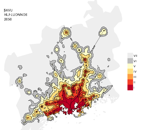 19 Kartta 3.1: Helsingin seudun SAVU-vyöhykkeet: kävelyn, pyöräilyn ja joukkoliikenteen seudullinen saavutettavuus vuonna 2050. Lähde: HLJ 2015.