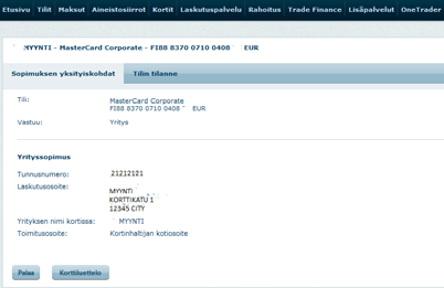 Yrityksen maksuvastuun kustakin kortista näet korttitilin numeron, vastuun, kortin nimen ja osoitetiedot.