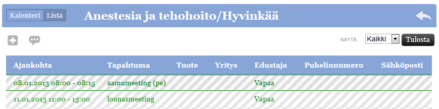 12 7. Oman kalenterin tulostaminen ja tallentaminen (pdf) Voit tulostaa kalenterikohtaiset esittelyajat listauksina (kaikki/vapaat/varatut).