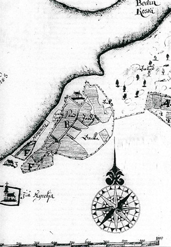 Kartta 1. C. Claessonin piirros Iin Haminasta vuodelta 1648. Nuoli osoittaa vanhan hautausmaan paikan. (Kuva Elo et al. 1998.