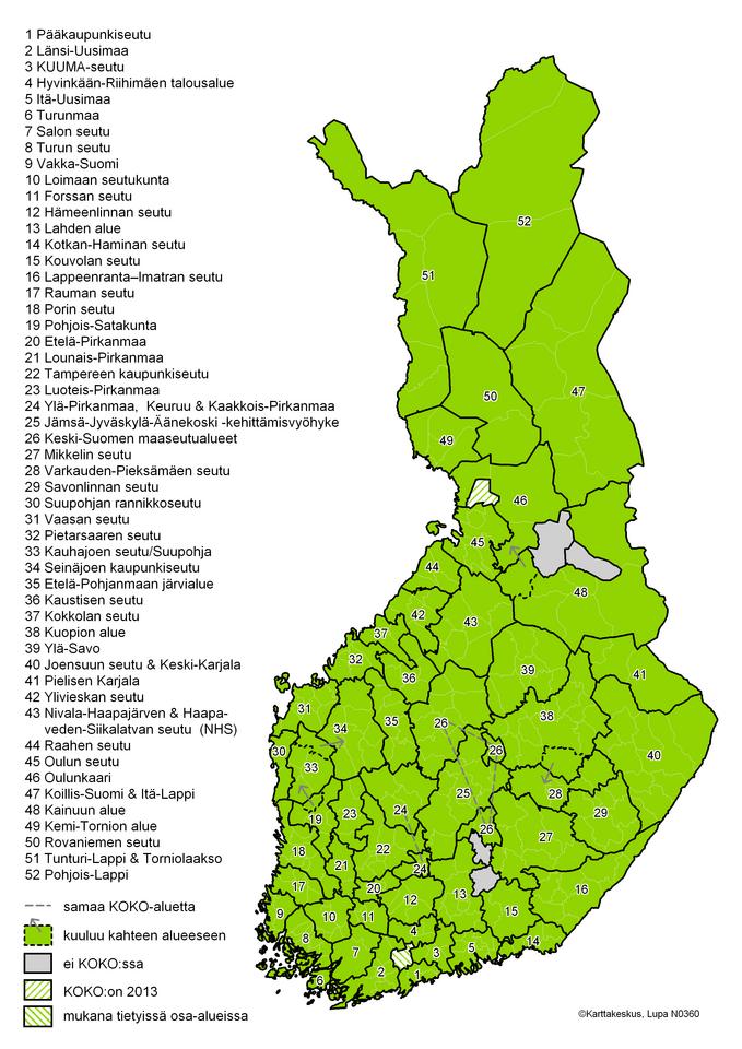 KOKO alueet 52 ohjelma-aluetta 328/332 kuntaa Ohjelmakausi 2010-2013 Rahoitus maakunnan