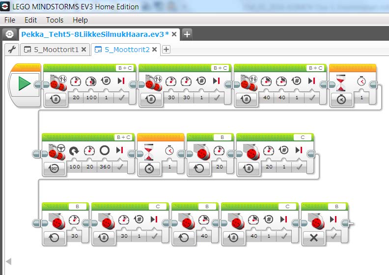 Muutetaan seuraavaksi ohjelmaa siten, että se vain käynnistää B-moottorin ja antaa välittömästi C-moottorille käskyn, joka pitää sisällään tiedon myös jakson kestosta.