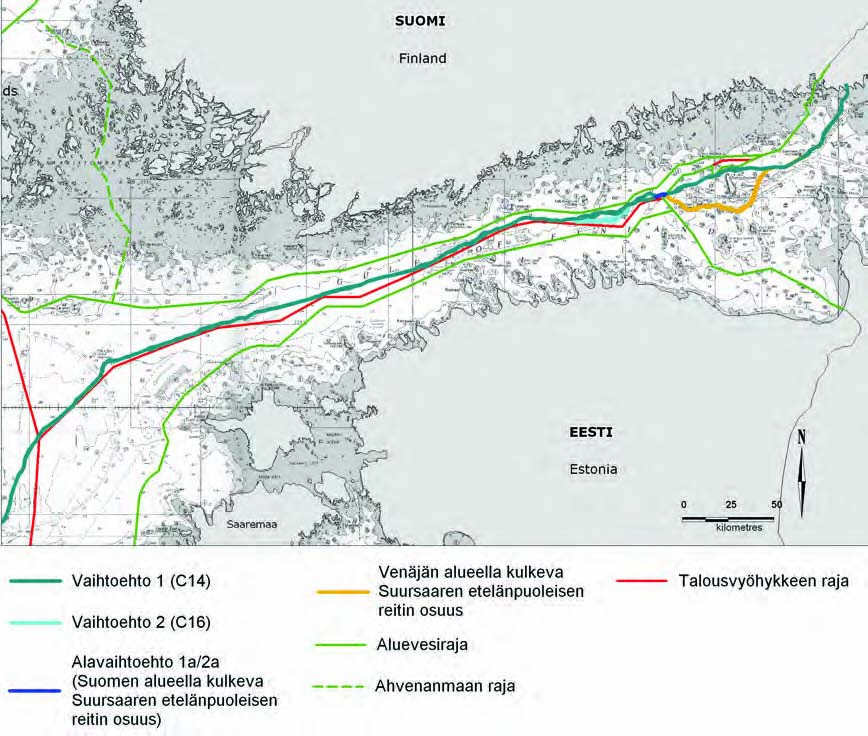 72 Ympäristövaikutusten arviointiselostus Luku 3 Kuva 3.3. Nord Stream -putkilinjan reittivaihtoehdot Suomen talousvyöhykkeellä. 3.2.2 Putkilinjan reitin yksityiskohdat Lisätietoja koko Itämeren reitistä on taulukoissa 3.