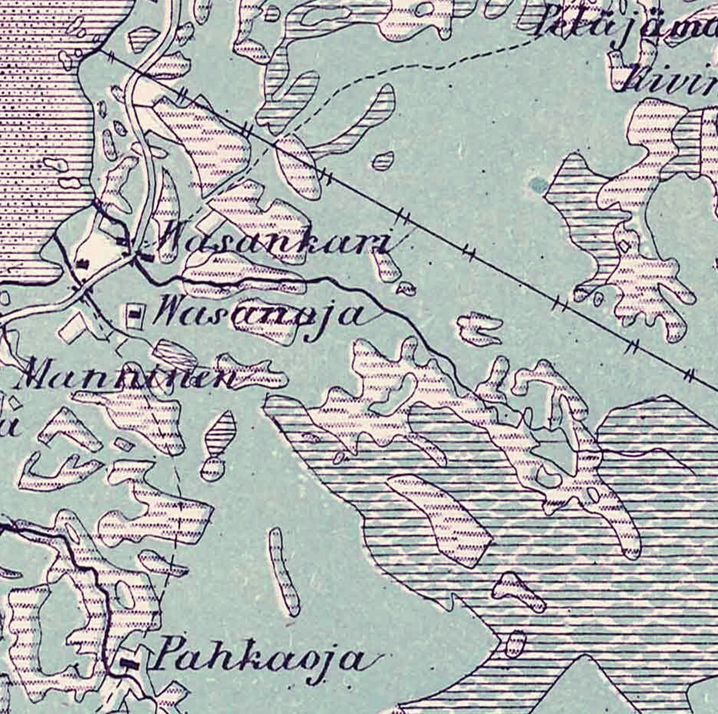 7 Ote Kalmbergin 1850-luvun maastokartasta. Kohdealueen luoteispuolella kulki polku Pyhäjoen Yppäriin.