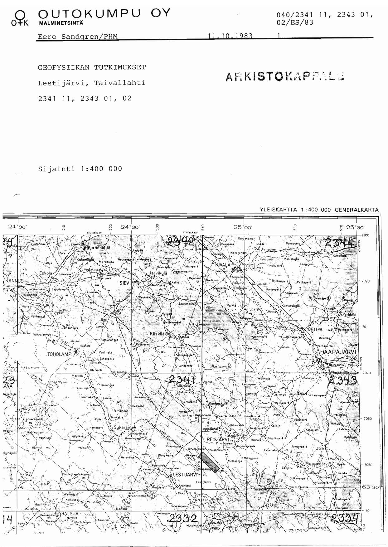 OUTOKUMPU MALMNETSNTÄ Eero Sandgren/PHM OY 0,983 040/234, 2343 0, 02/ES/83 GEOFYSKAN TUTKMUKSET Lestijärvi,