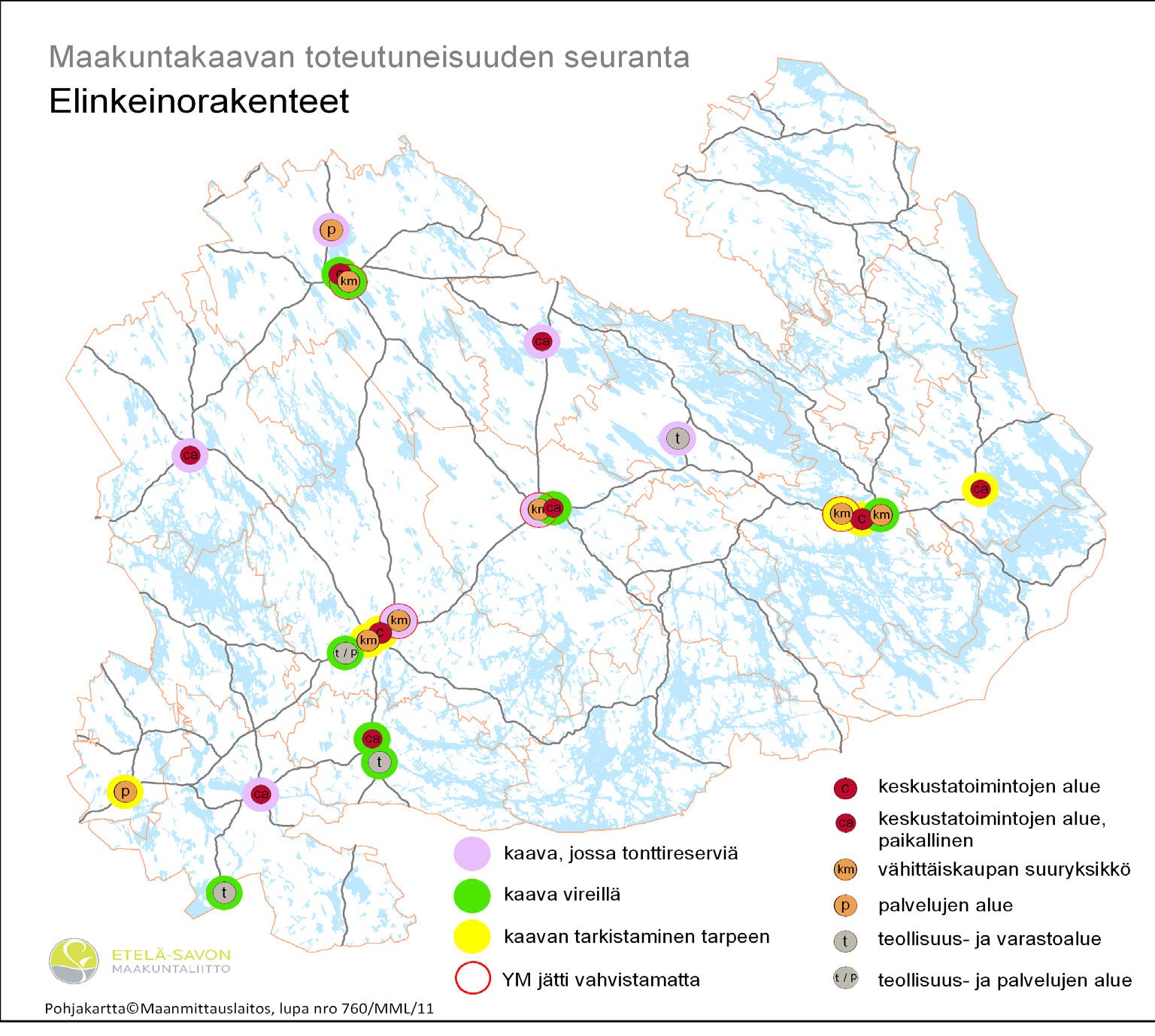 Palvelujen alue kohdemerkinnällä (p) on osoitettu kaksi seudullisesti merkittävää keskusverkon ulkopuolista yksityisten ja julkisten palvelujen aluekohdetta (Pertunmaa, Kuortti ja Pieksämäki,