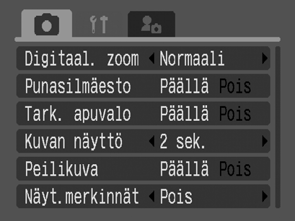 Kuvaus-, Käyttö-, Tulostus-, Asetukset- ja Minun kamerani -valikot Näiden valikoiden avulla voit määrittää mieleisesi kuvaus-, toisto- ja tulostusasetukset.