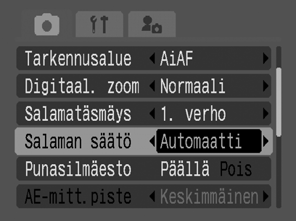 Valitun salamavaloasetuksen muuttaminen Kuvaustila Vaikka kiinteä salama välähtää automaattisten salamavaloasetusten mukaan (paitsi -tilassa), se voidaan määrittää välähtämään myös ilman asetuksia.