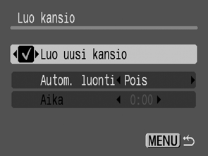 Kuvien muistipaikan (kansion) luominen Kuvaustila Voit luoda milloin tahansa uuden kansion, jolloin ottamasi kuvat tallentuvat automaattisesti luomaasi kansioon. Luo uusi kansio Autom.