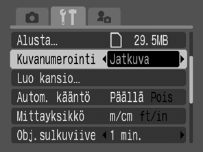 Kuvanumeron muuttaminen Kuvaustila Ottamillesi kuville määritetään automaattisesti kuvanumerot. Voit valita, miten kuvanumero määritetään. 1 (Asetukset)-valikko [Kuvanumerointi] [Jatkuva]*/[Aut.