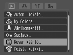 Kuvien kääntäminen näytössä Kuvia voi kääntää näytössä myötäpäivään 90º tai 270º. Alkuperäinen 90 270 1 (Käyttö) -valikko. Katso Valikot ja asetukset (s. 19).