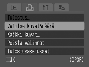 Tulostus-/siirtoasetukset DPOF-tulostusasetusten määrittäminen Voit valita muistikortilta tulostettavat kuvat ja määrittää tulosteiden määrän etukäteen kameran avulla.