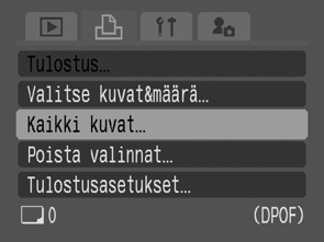 Muistikortin kaikkien kuvien valitseminen 1 (Tulostus) -valikko [Kaikki kuvat]. Katso Valikot ja asetukset (s. 19). Jokaisesta kuvasta tulostetaan yksi tuloste.