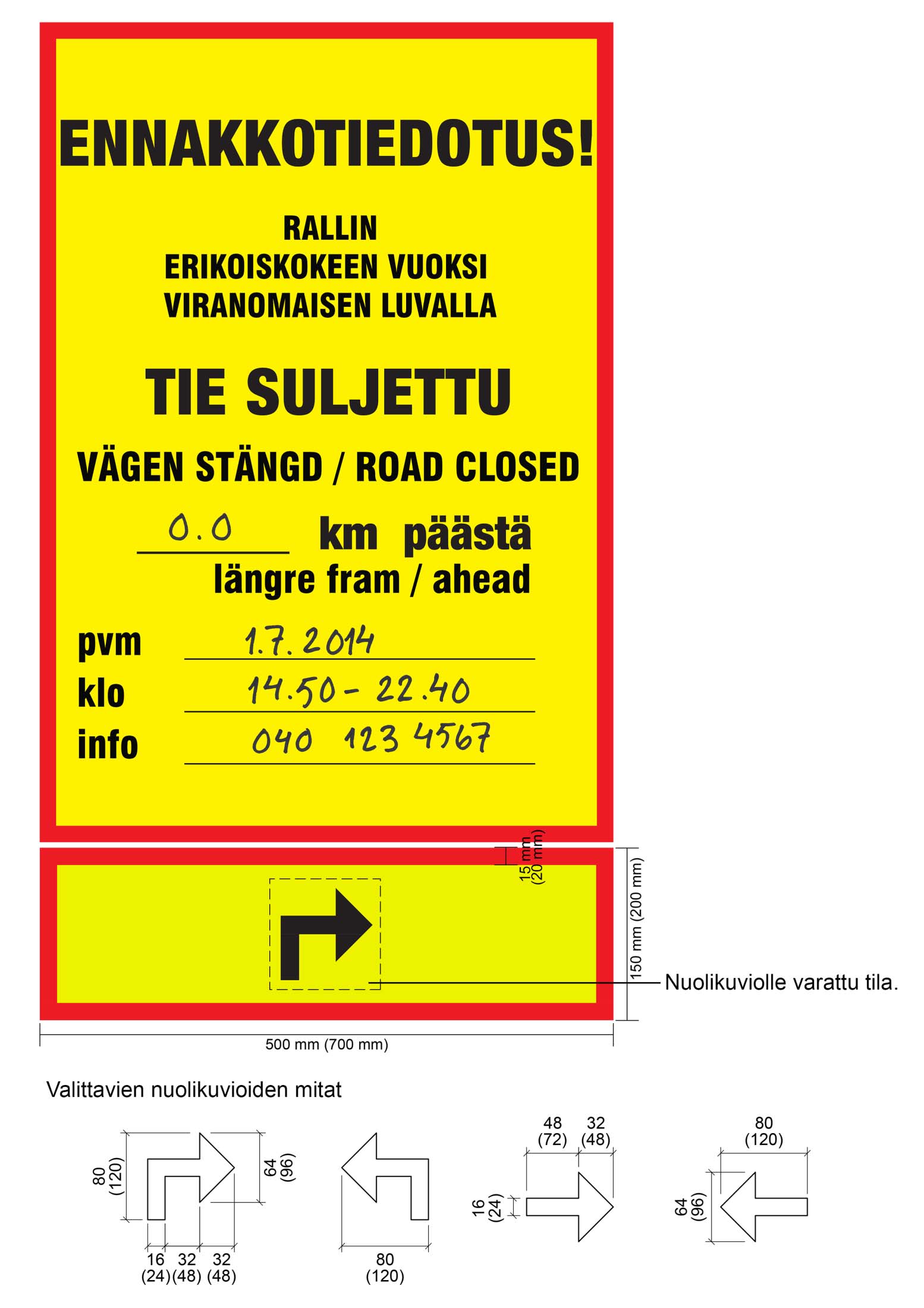 LIITE 6 / 10 (16) Tiensulkuilmoituksen alapuolella käytettävän nuolikuvion mitoittaminen