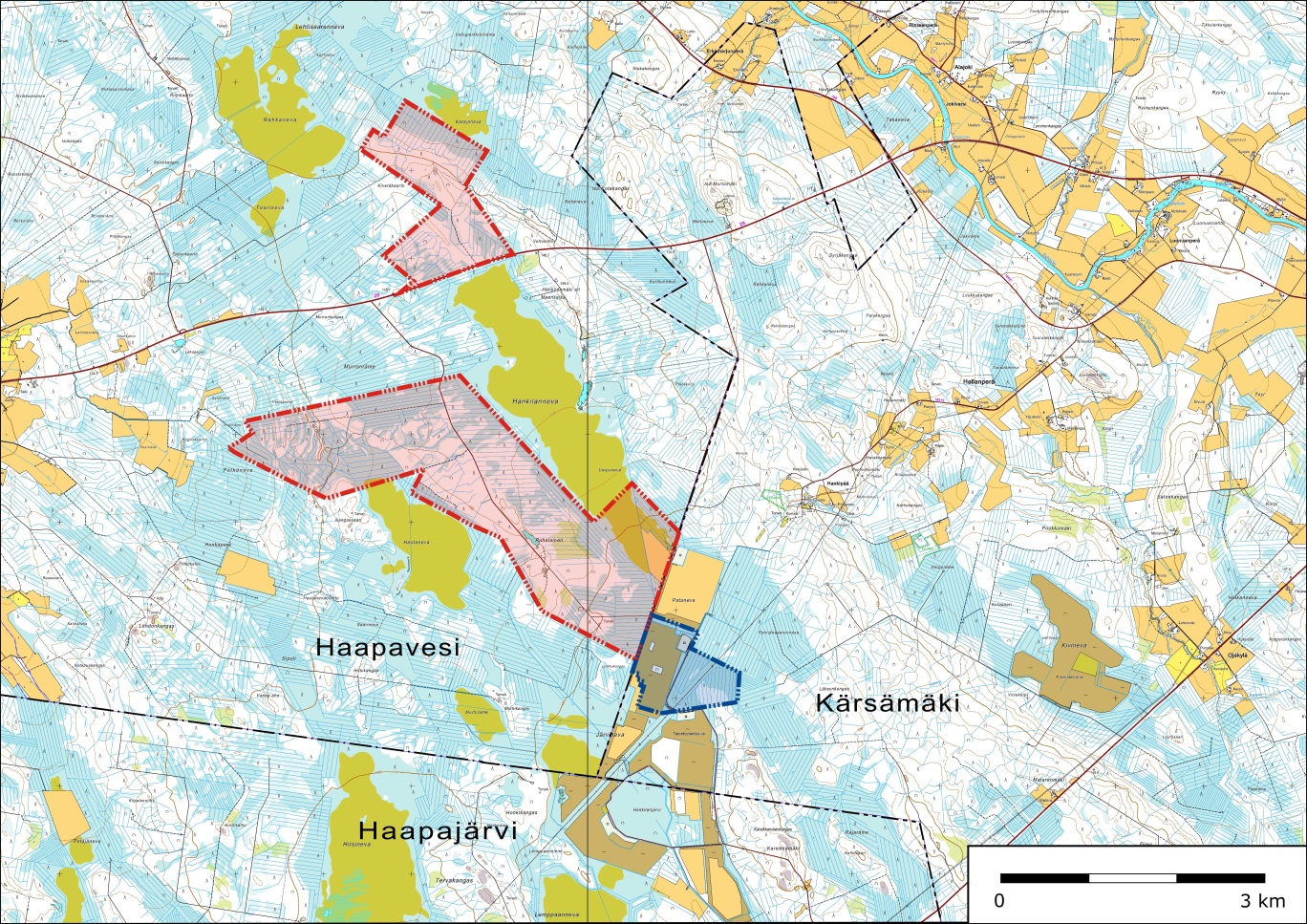Kuva 1. Hankilannevan tuulivimapuistn alustava suunnittelualue. Haapaveden puleiset sat n esitetty punaisella ja Kärsämäen puleiset sat sinisellä.