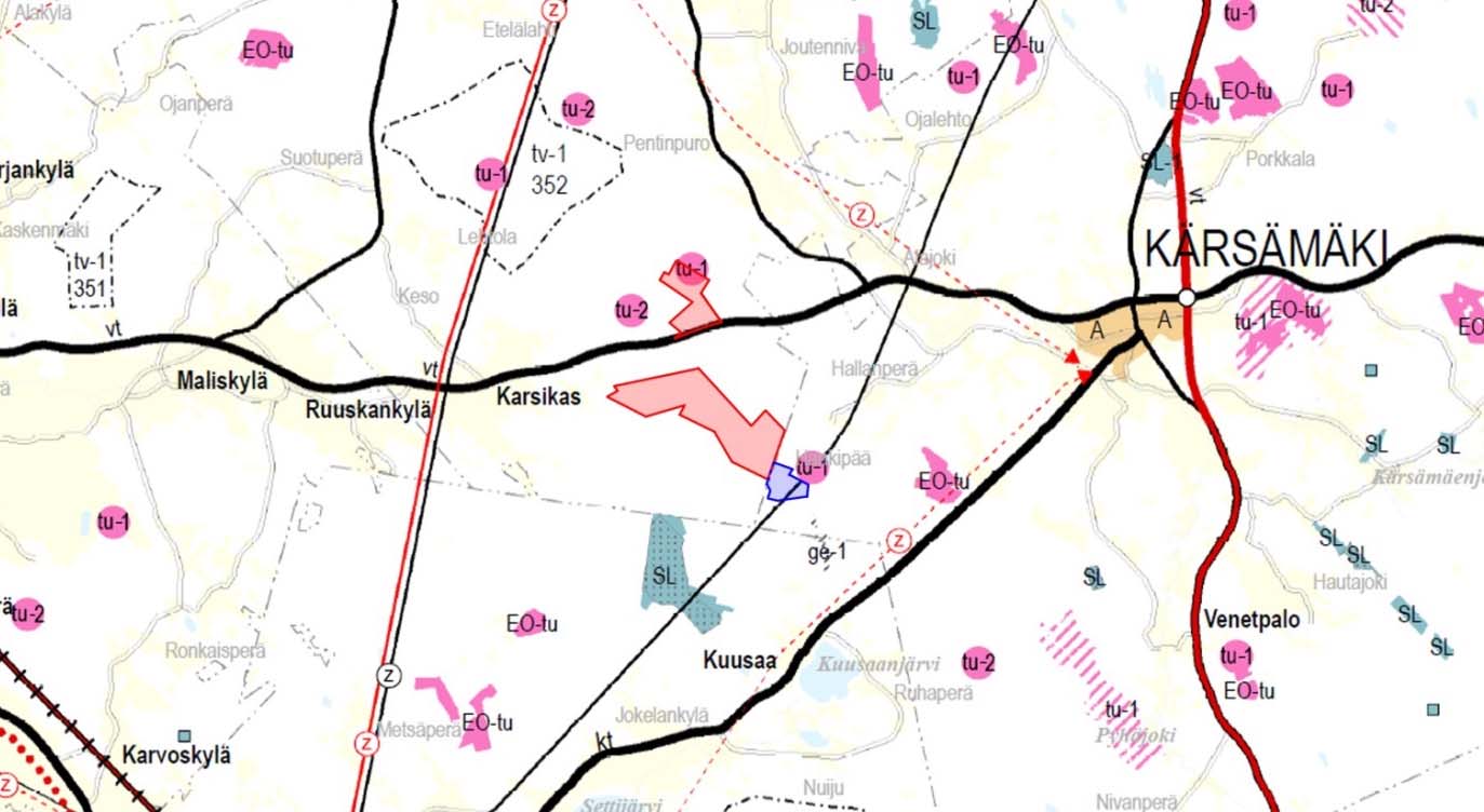 Hankilannevan phjisemmalle sa-alueelle n maakuntakaavan 1. vaihekaavassa merkitty turvetutantn sveltuva alue (tu-1).
