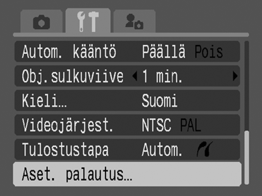 Oletusasetusten palauttaminen 1 (Asetukset) -valikko [Aset. palautus]. Katso Valikot ja asetukset (s. 26). 2 Valitse [OK] ja paina -painiketta.