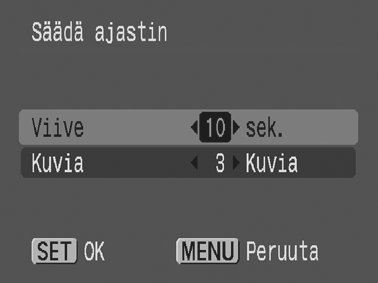 Viiveen ja otosten määrän muuttaminen ( ). Voit muuttaa viivettä (0 10, 15, 20 tai 30 sekuntia) tai kuvien määrää (1 10).