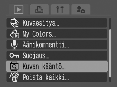 Kuvien kääntäminen näytössä Kuvia voi kääntää näytössä myötäpäivään 90 tai 270 astetta. Alkuperäinen 90 270 1 (Käyttövalikko). KatsoValikot ja asetukset (s. 26).