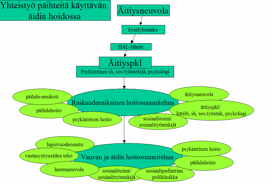 22 jaamistaan jatkohoitoon. Edelleen kuitenkin haasteena nähdään tunnistamisen parantaminen ja hoitoonohjauksen tehostaminen. (VSSHP 2002-2004.) Kuva 2. Yhteistyö päihteitä käyttävän äidin hoidossa.