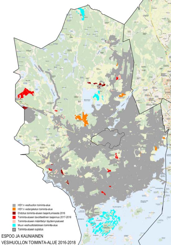 5.4 Toiminta-alueen määrittelyn täydennysalueet Espoon kaupunki toimitti HSY:lle oman esityksensä HSY:n toiminta-alueesta 2016. Määritetty alue perustuu paikkatietoanalyysiin.