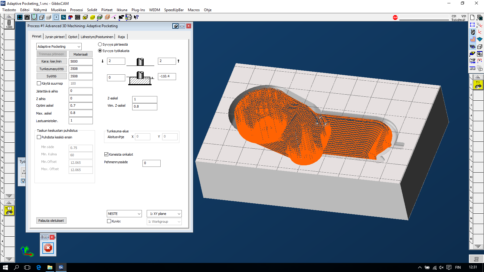 36 KUVA 33. Esimerkissä käytetty työkalu. Advanced pocketing löytyy Advanced 3D machining prosessin valikosta (kuva 34).