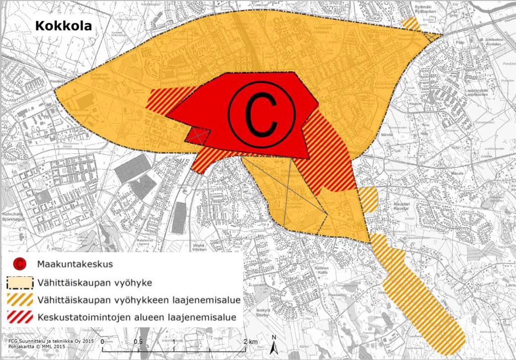 Vähittäiskaupan vyöhykkeet laadittujen selvitysten perusteella. Asemakaava alue osoitettu ympyrällä. http://www.kokkola.