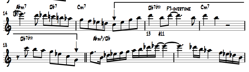 13 Coltranen äänenkuljetukset sisältävät ajoittain soinnun ylärakenneääniä, ts. soinnun säveliä 9, 11 ja 13. Tyypillisesti kohdesäveliin jäädään pidemmäksi aika-arvoksi.