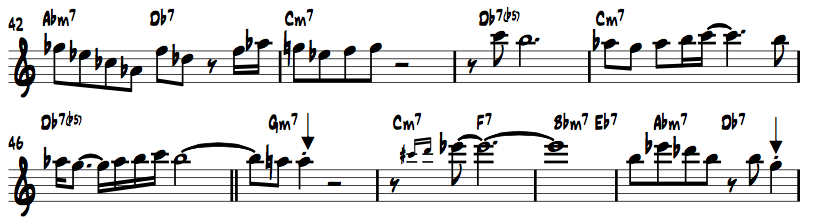 18 Coltranelle tyypillistä on myös pitkät sävelkuljetukset. Pisimmät soololinjojen väliset tauot kappaleessa ovat enintään vain kahden ja puolen iskun mittaisia. Kuva 19.
